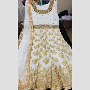 Elegant Cream White And Gold Anarkali Indian Style Dress
